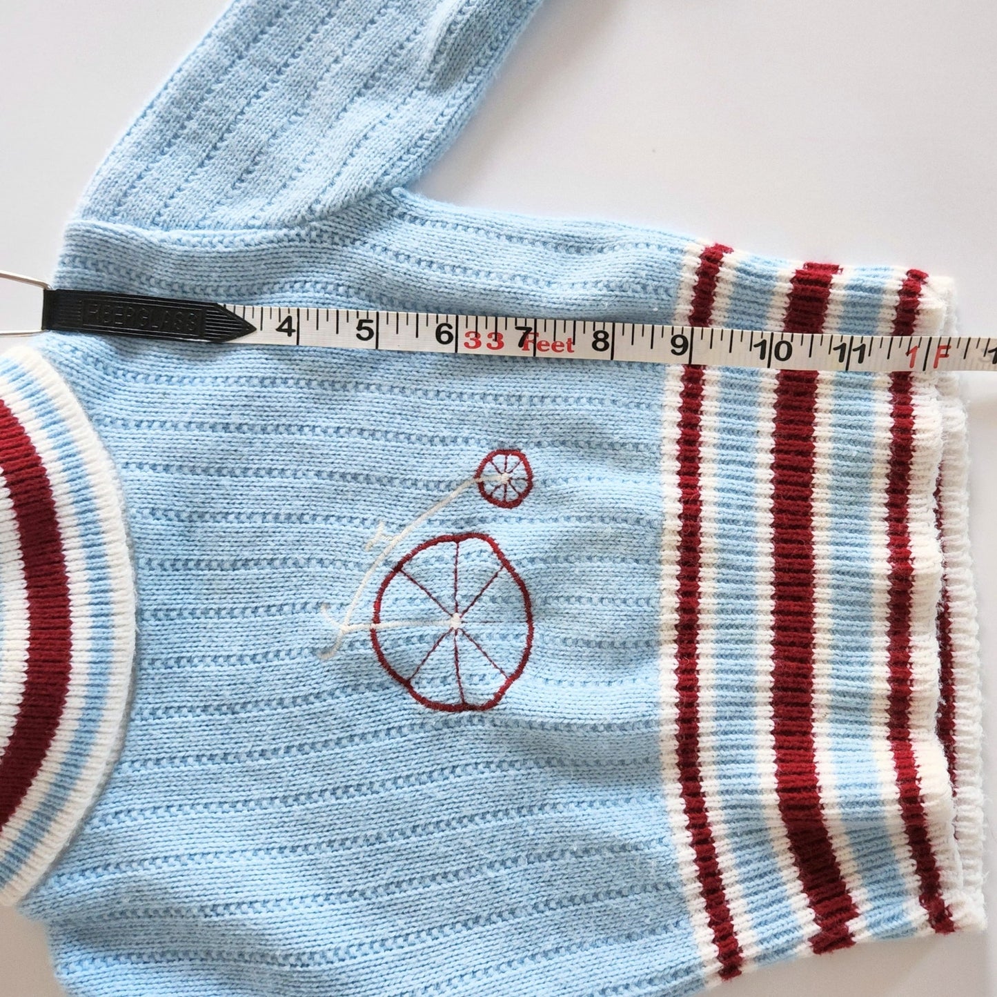 Vintage 1960s Doe Spun Toddler Turtleneck Sweater – Baby Blue with Penny Farthing Embroidery – Size 2T