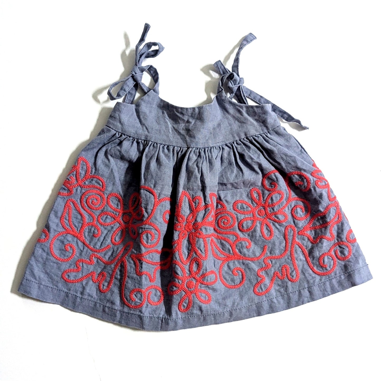 Tea Collection Linen Blend Blue Chambray Red Embroidered Dress Size 3-6 months