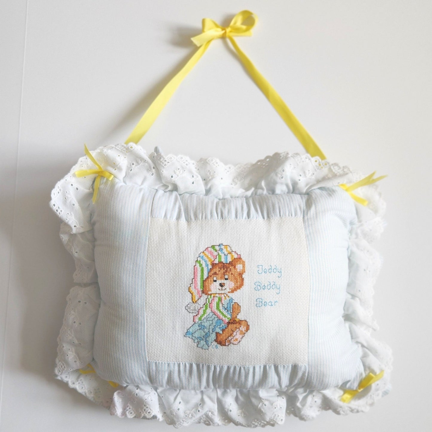 Vintage 80s Teddy Beddy Bear Cross Stitch Baby Pillow Blue Stripes Yellow Ribbon