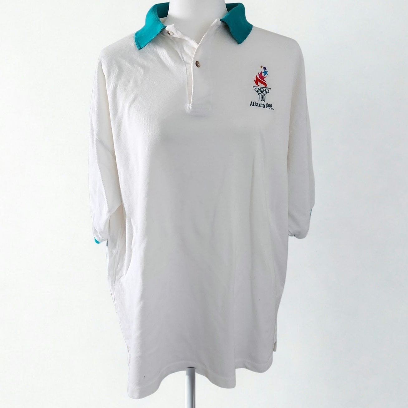 Vintage 1996 Atlanta Olympics White Teal Polo Shirt Size XL Hanes USA Official
