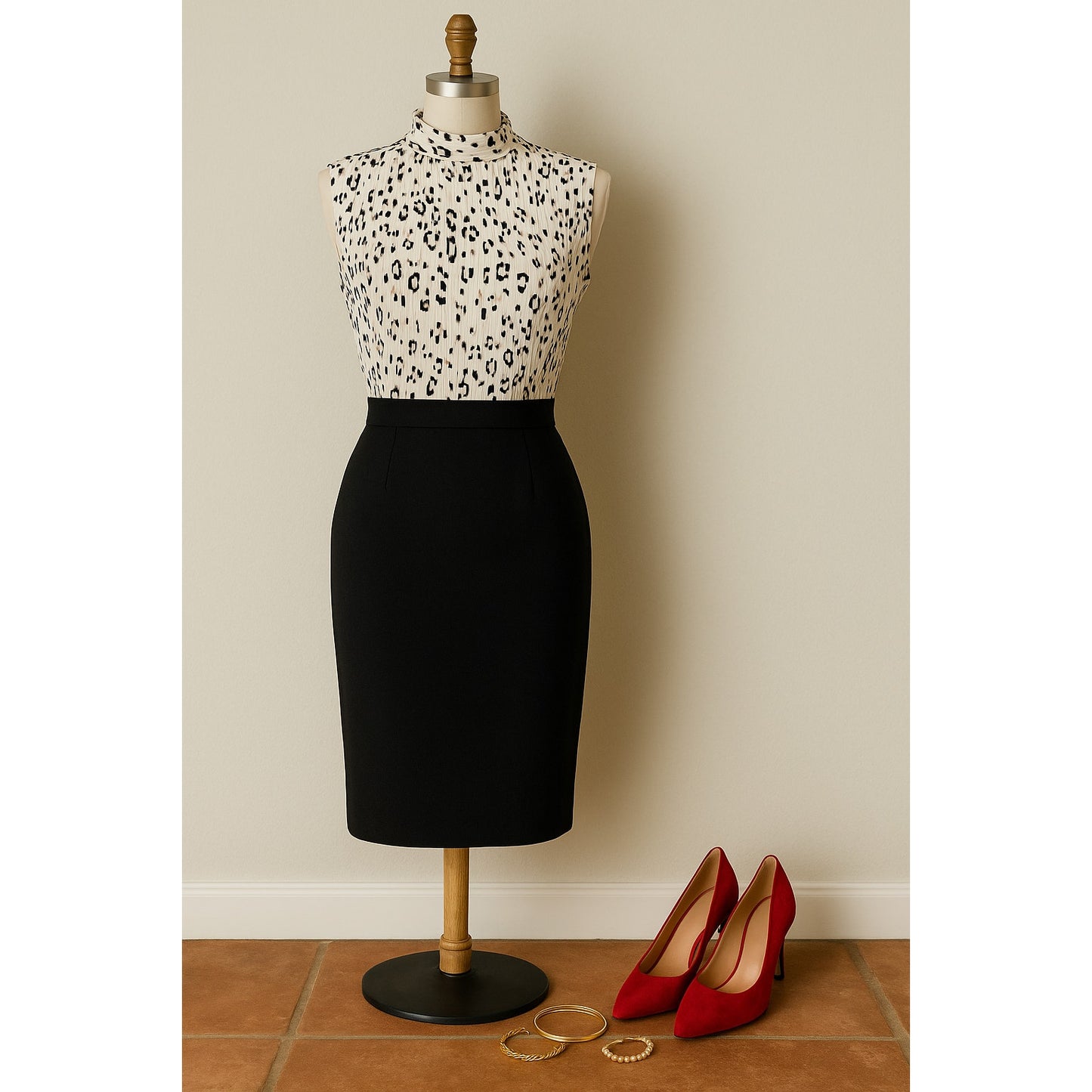 Vintage 80s Fairfax County Leopard Print Blouse | Sleeveless Pleated Ivory Black Top | Women's Small