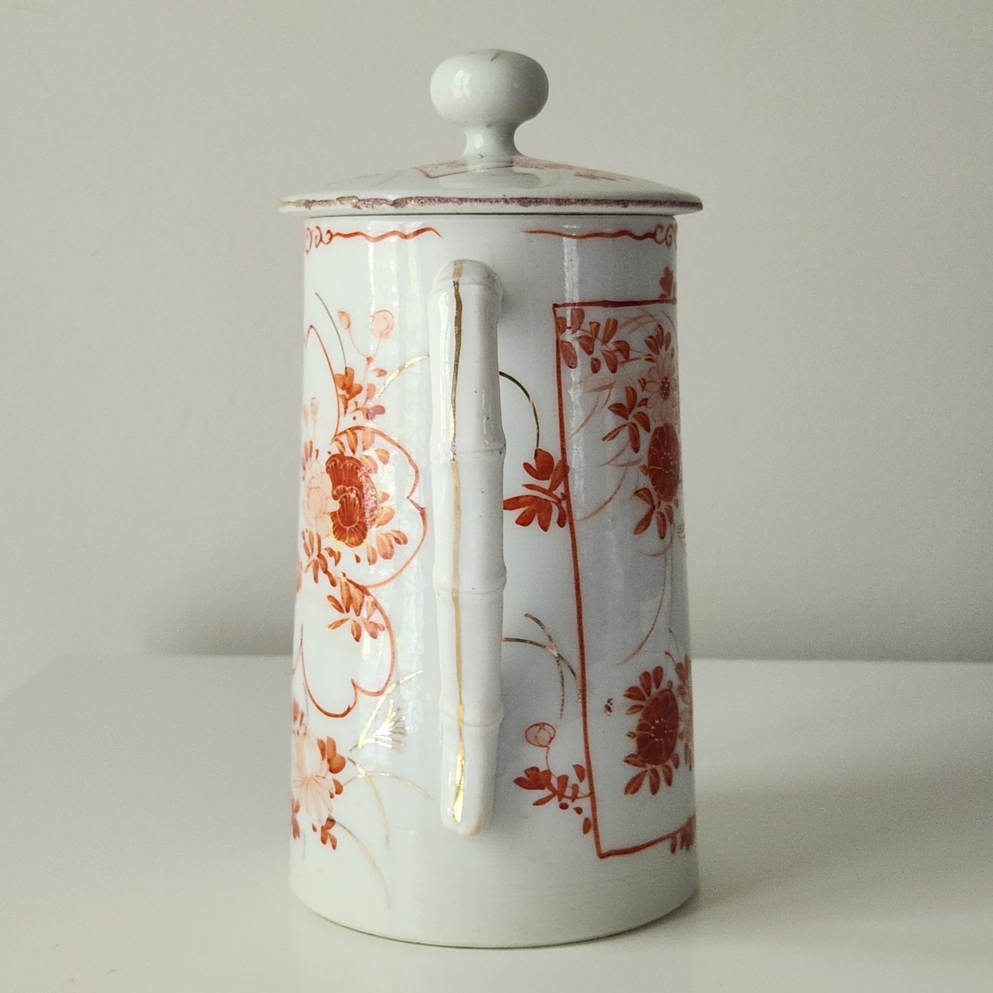 Antique Japanese Chocolate Pot | Early 20th Century Porcelain | Red Orange Floral Design with Gold Gilding | Bamboo Handle | Asian Decorative Teapot 7.5"