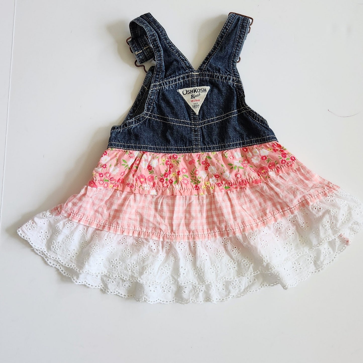 Oshkosh B'Gosh Girls Pink Floral Gingham Eyelet Skirted Overalls Size 12 mos