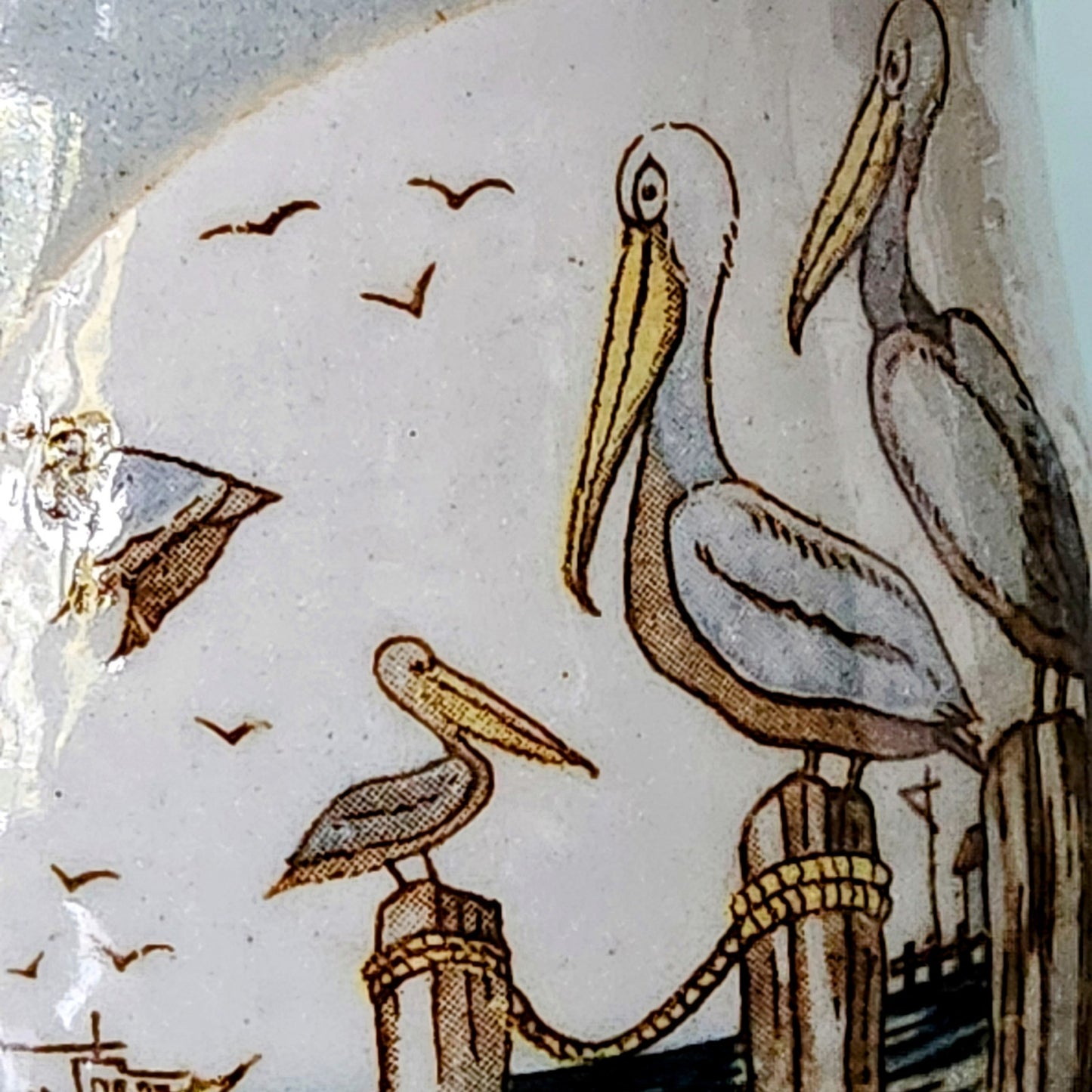 Otagiri Stoneware Vintage 1970s Pelicans on Pylons Blue Coffee Mug