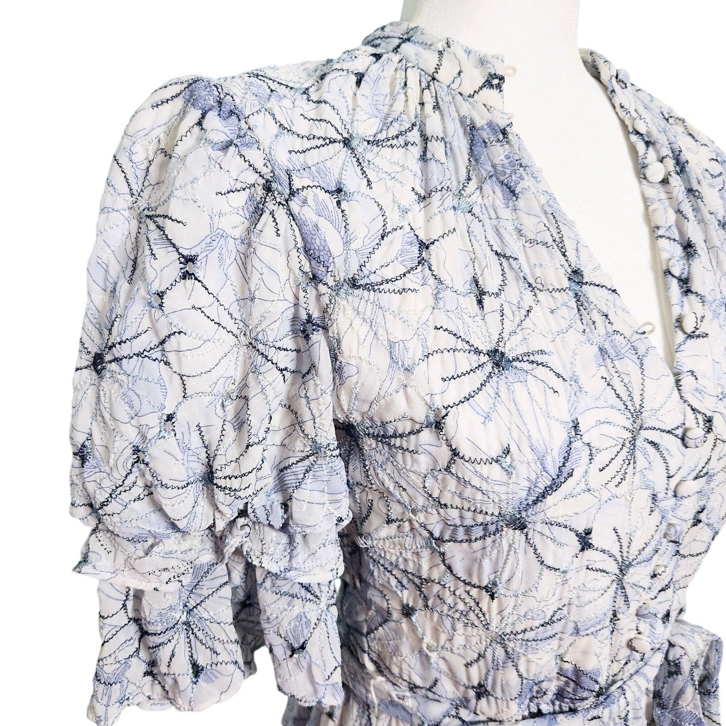 Badgley Mischka Floral Embroidered Day Flounce Sleeve Day Dress Blue Size 8