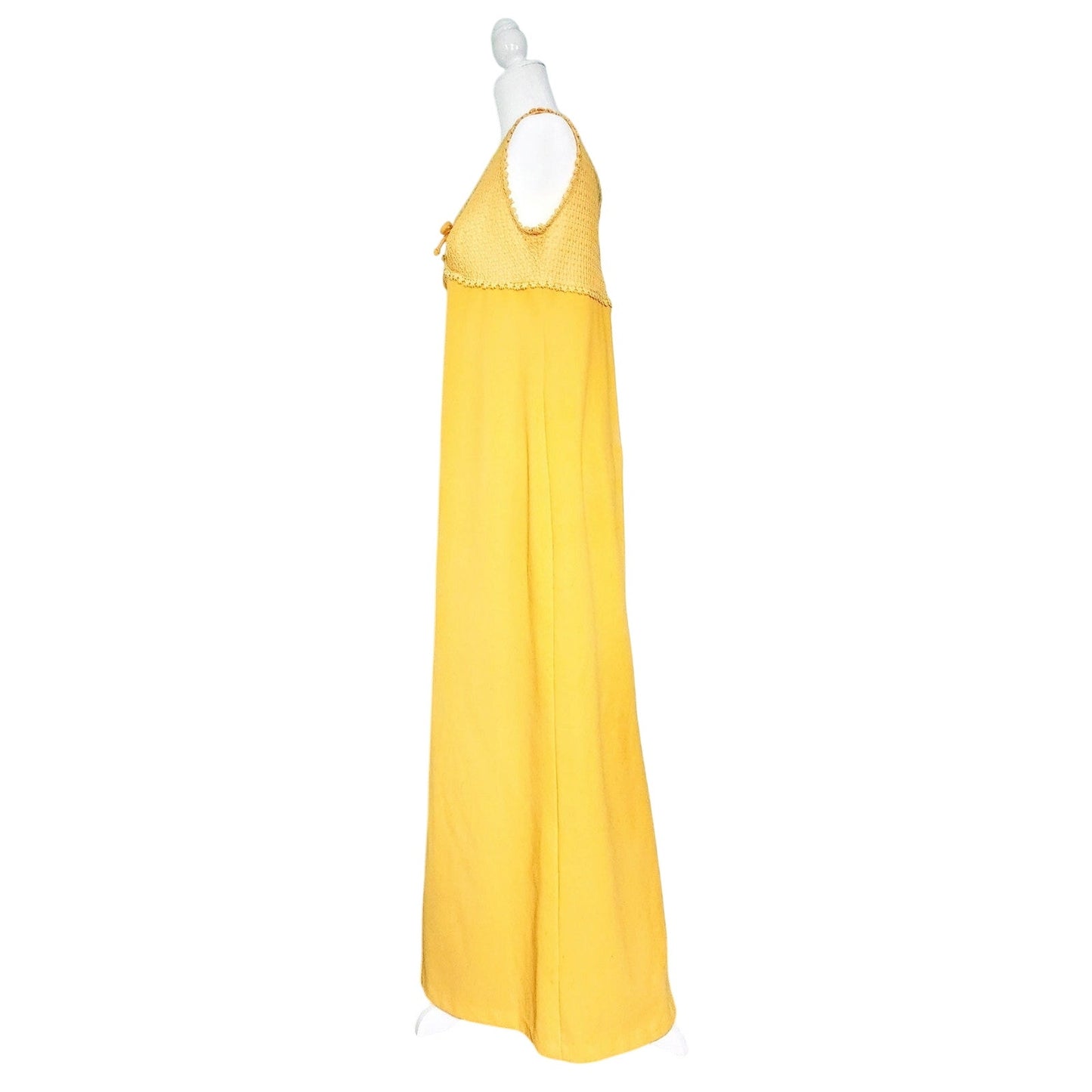 Vintage 1960s Marigold Yellow Maxi Dress | Empire Waist Lace Bodice with Daisy Trim & Bow | Boho Hippie Festival Gown | Women's Size M