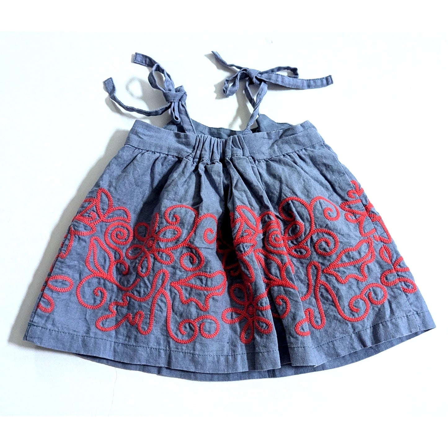 Tea Collection Linen Blend Blue Chambray Red Embroidered Dress Size 3-6 months