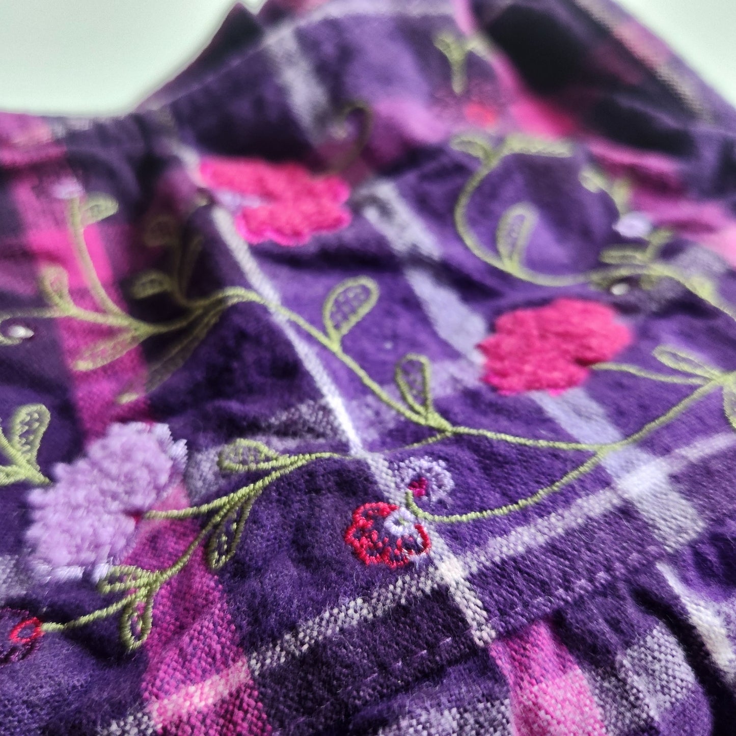 McKids Vintage 90s Baby Purple Plaid Floral Embroidered Jumper Dress Sz 18 mos