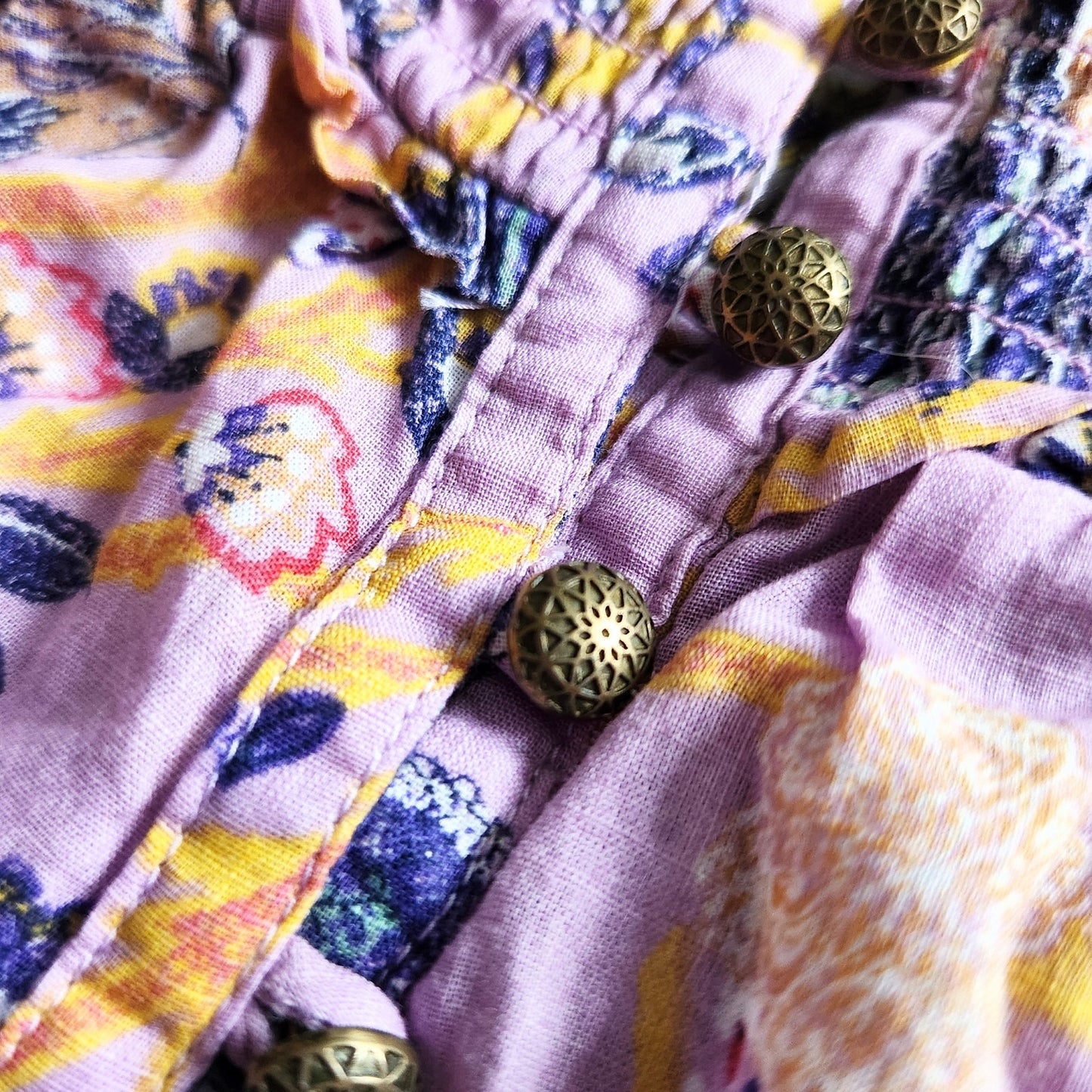 Anthropologie Bohemian Purple Floral Blouse Brass Buttons Flutter Sleeves Size M