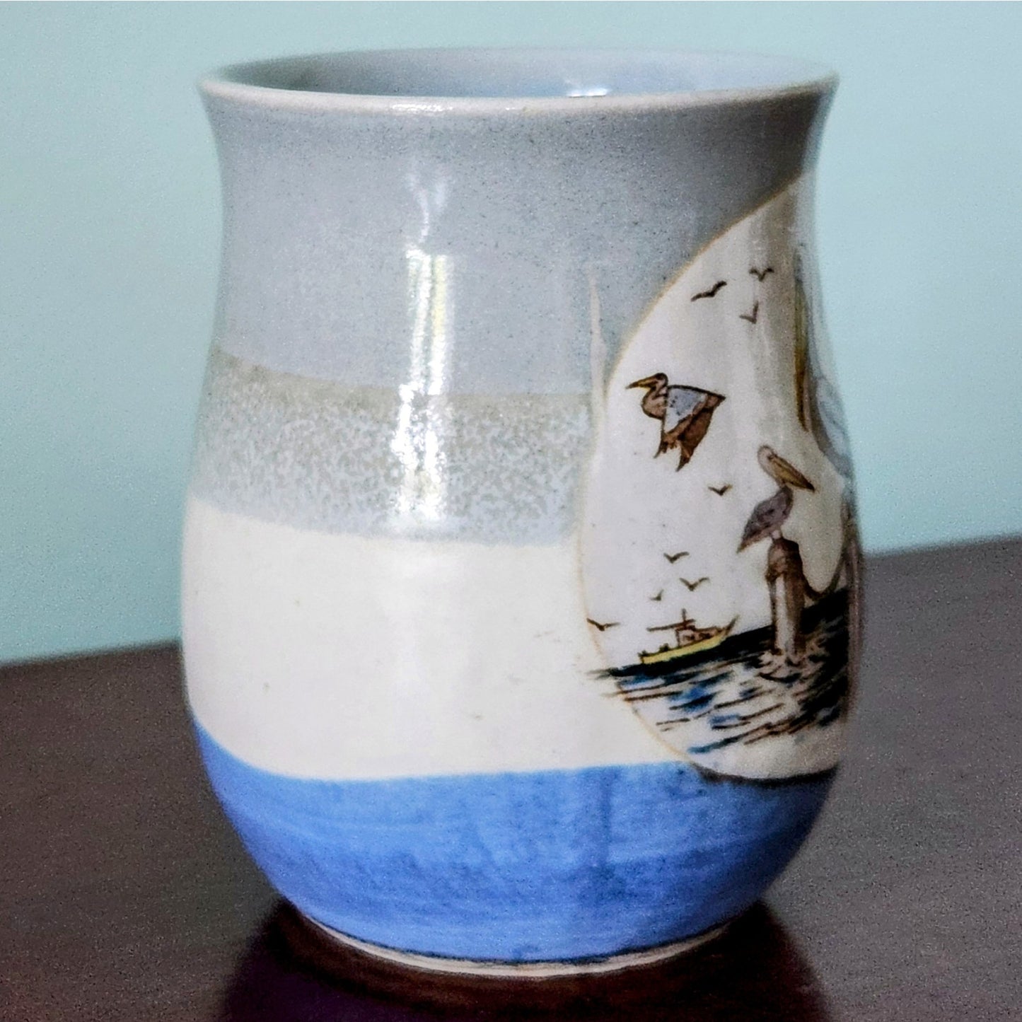 Otagiri Stoneware Vintage 1970s Pelicans on Pylons Blue Coffee Mug