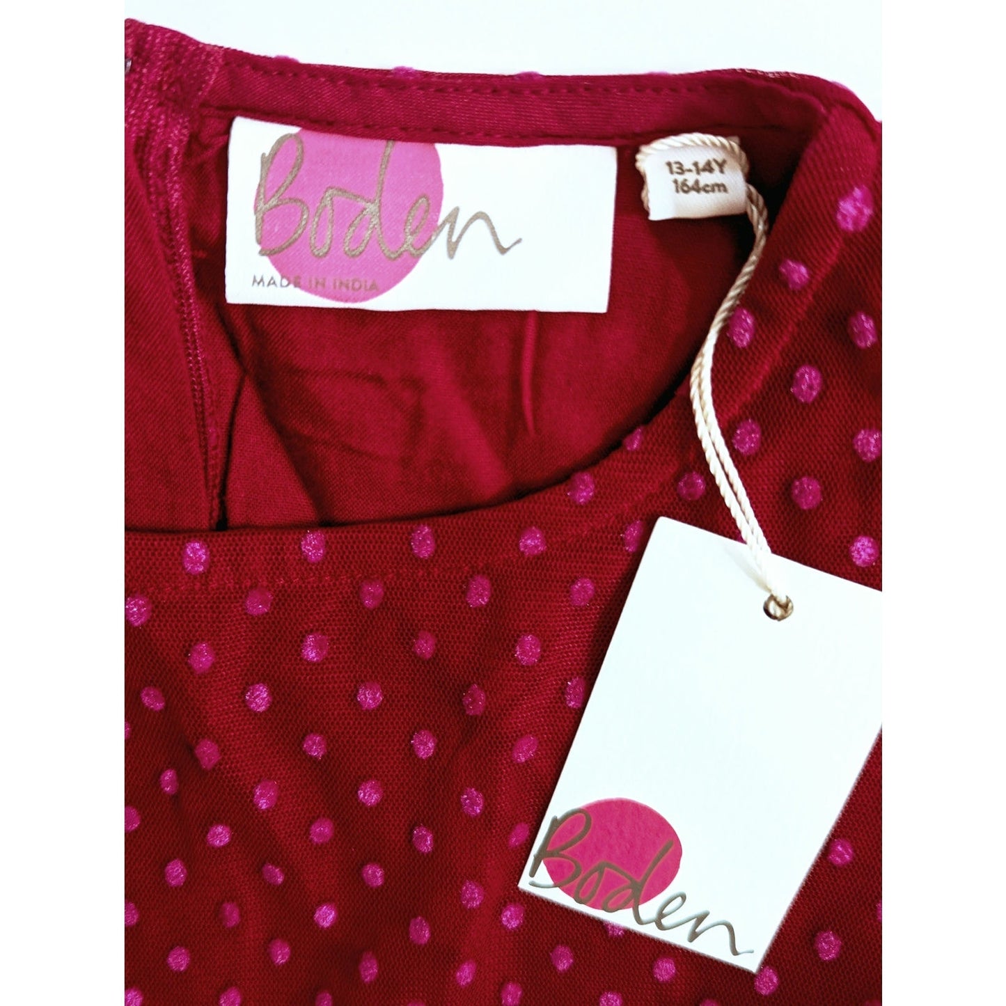 Mini Boden Girls Flocked Spot Winter Party Dress in Warm Cranberry Red – Size 13-14Y – NWT
