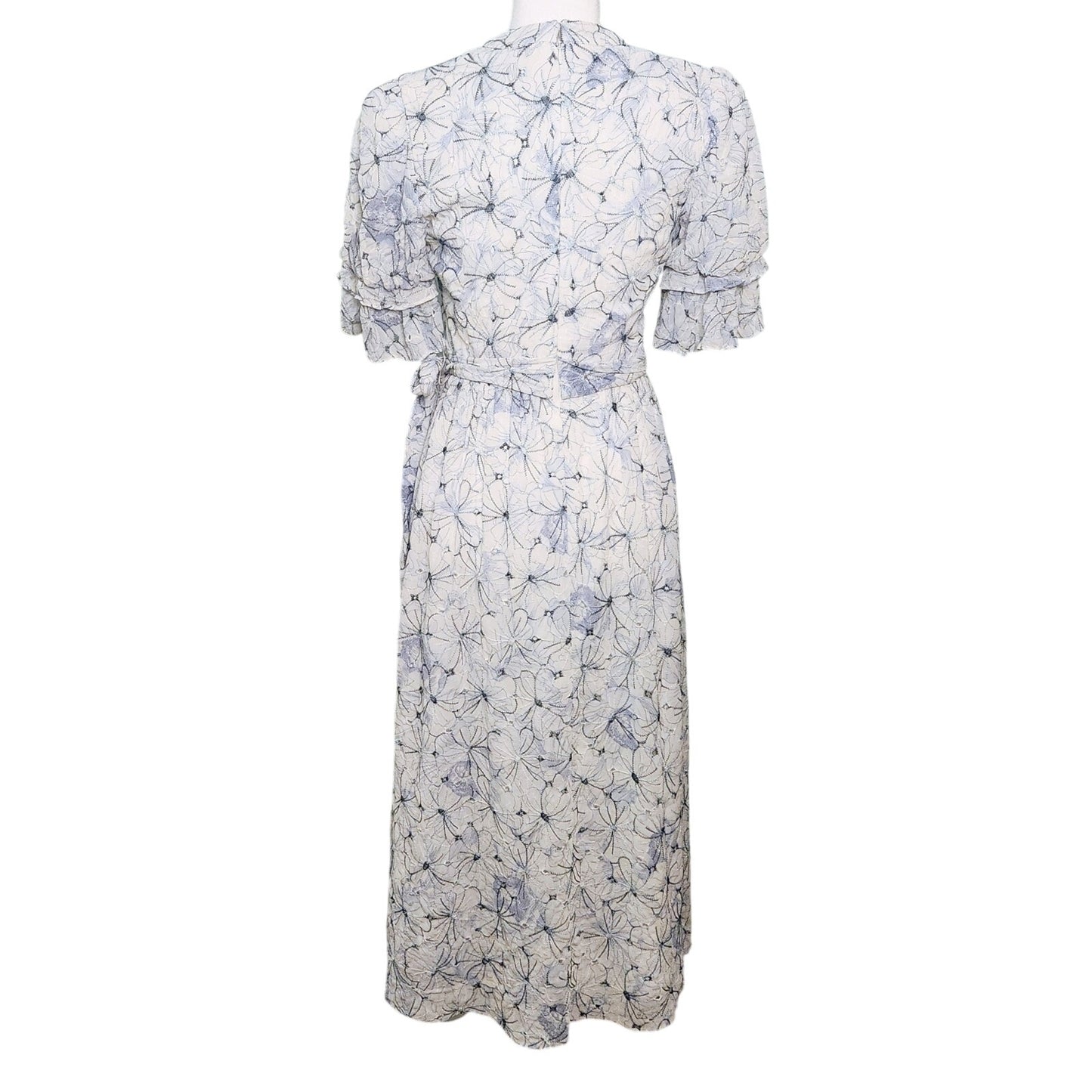 Badgley Mischka Floral Embroidered Day Flounce Sleeve Day Dress Blue Size 8