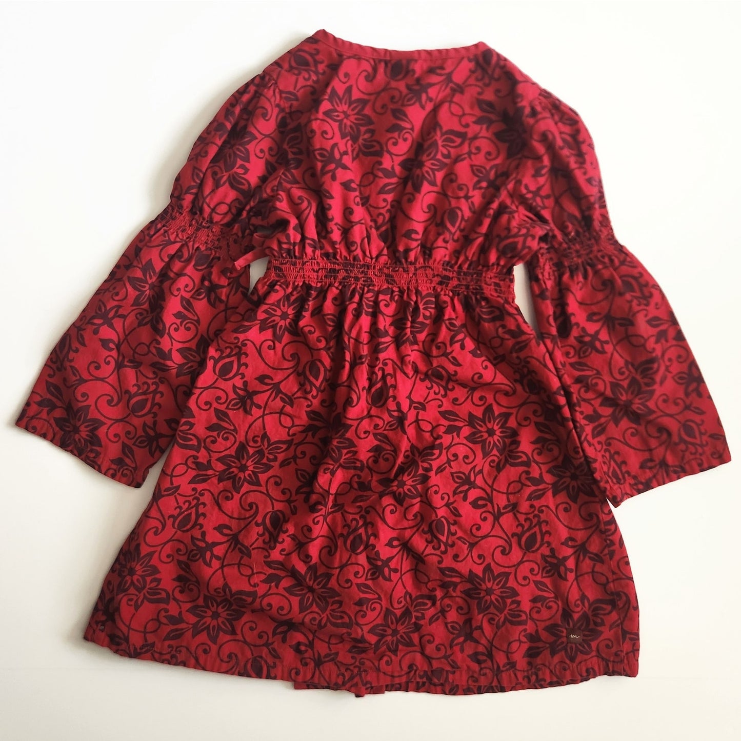 Tea Collection Red Floral Scroll Long Bell Sleeves Wrap Dress Cotton Size 5