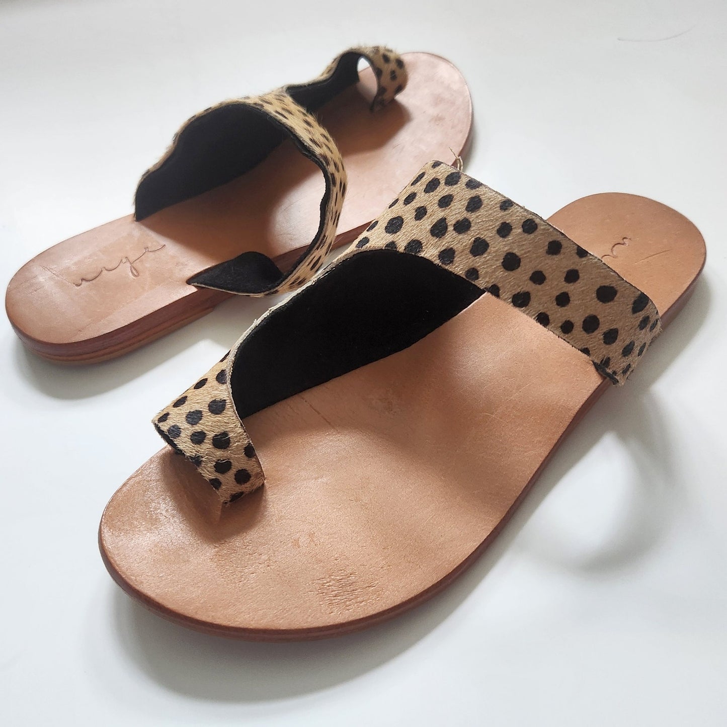 Urge for Anthropologie Women's Jojo Cheetah Pony Fur Flat Sandals Size 38 EU | 7.5 US Genuine Calf Hair