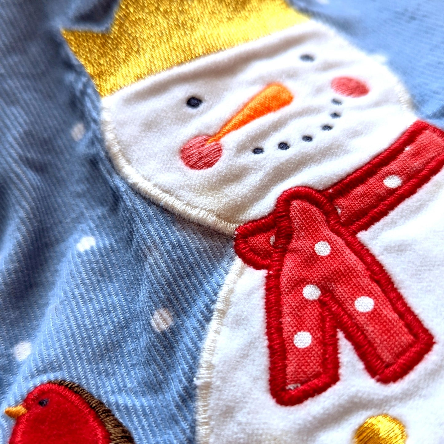 Baby Boden Corduroy Snowman Appliqué Pinafore Dress Blue Polka Dots Sz 18-24 mos