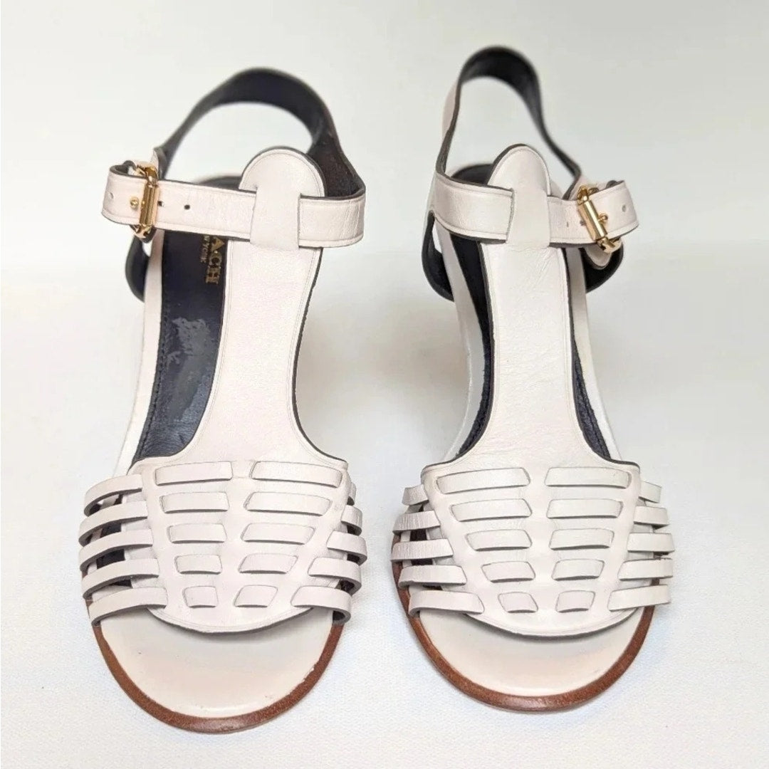 Coach Izzy Ivory White Leather Strappy Sandals Wooden Stiletto Heels Women's Size 7