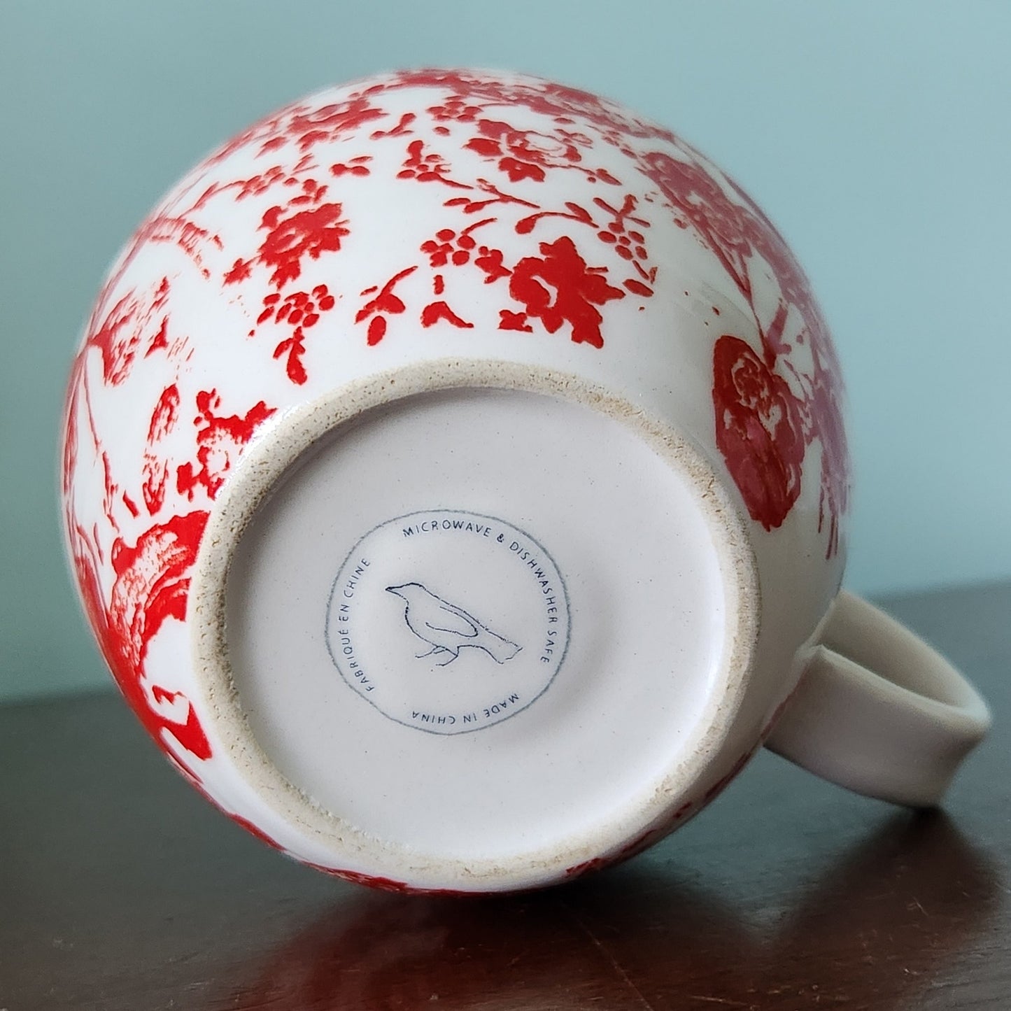 Anthropologie Homegrown Monogram L Red Floral Toile Initial Mug