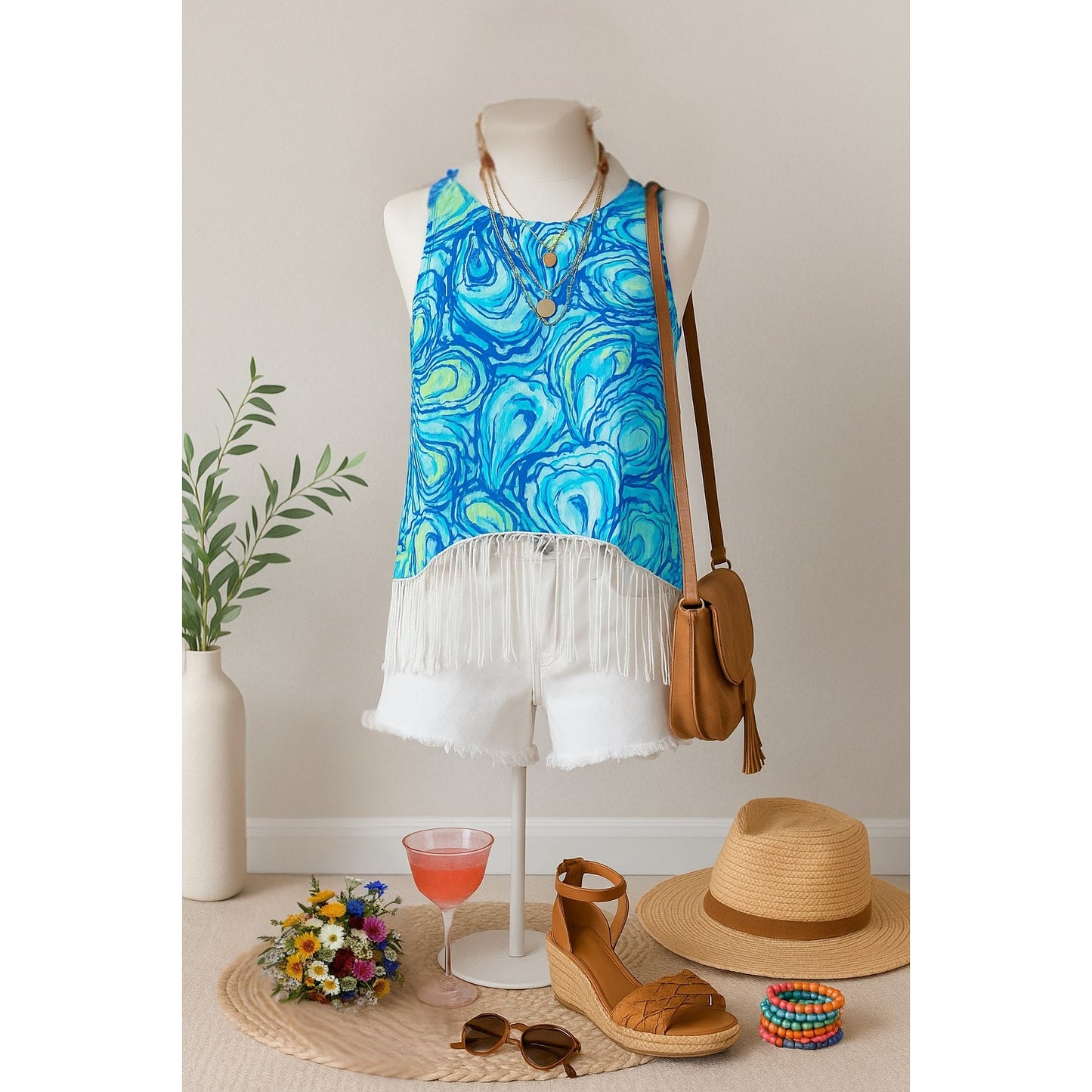 Lilly Pulitzer Women's Sonya Top β Sparkling Blue "Oh Shucks" Oyster Print Fringe Hem Size 8