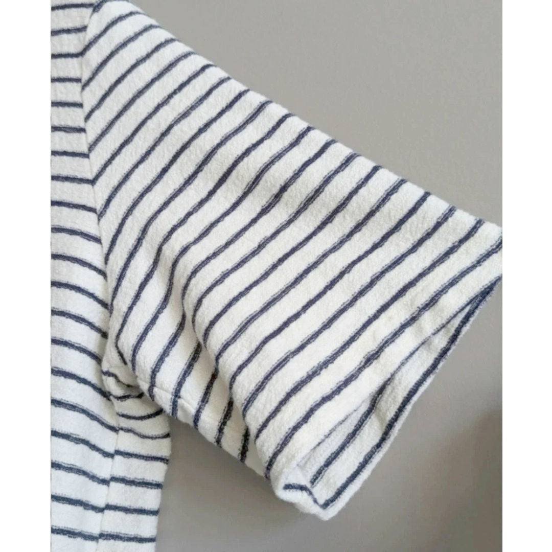 Lou & Grey Striped French Terry Dress | Navy Ivory Short Sleeve V-Neck Shift with Pockets | Women's Size M NWT