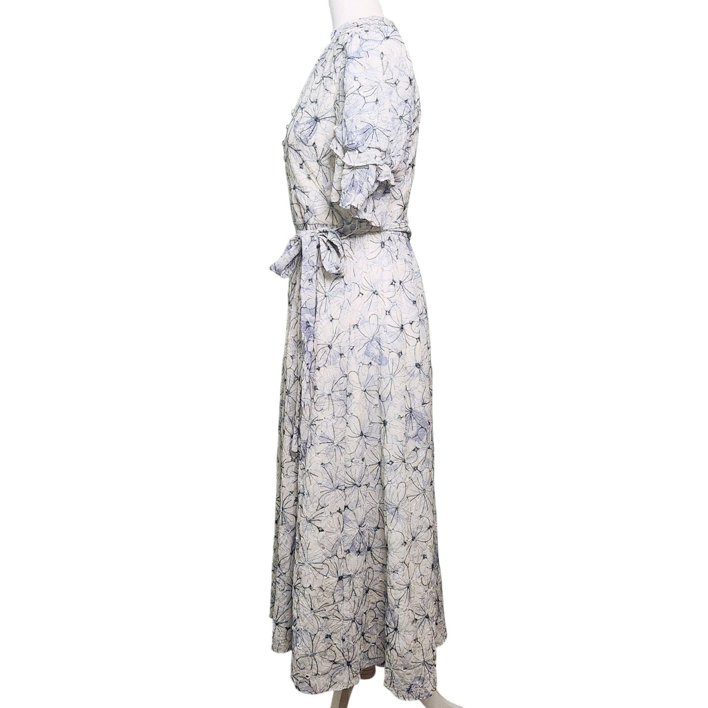 Badgley Mischka Floral Embroidered Day Flounce Sleeve Day Dress Blue Size 8