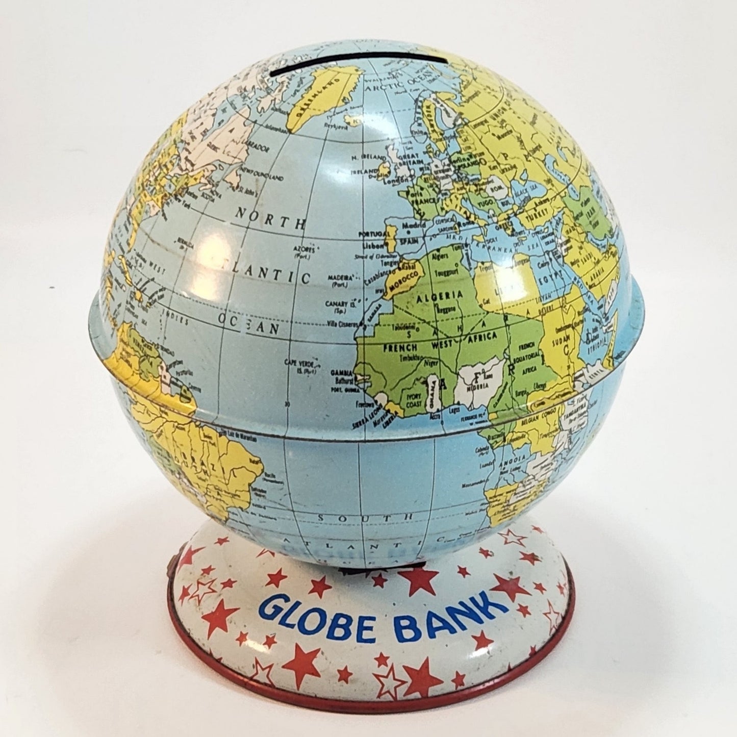 Mid-Century Vintage J. Chein & Co Tin Globe Bank Retro World Map Kids Coin Bank