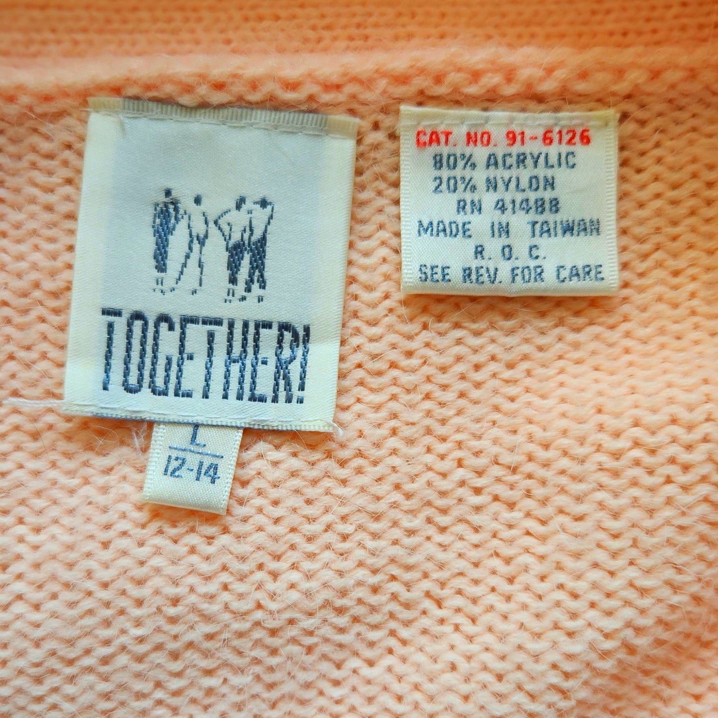 Vintage 1980s Blush Peach Double Breasted Wrap Cardigan Sweater | Women’s Size L 12–14 | Drop Shoulder Cozy Retro Knit