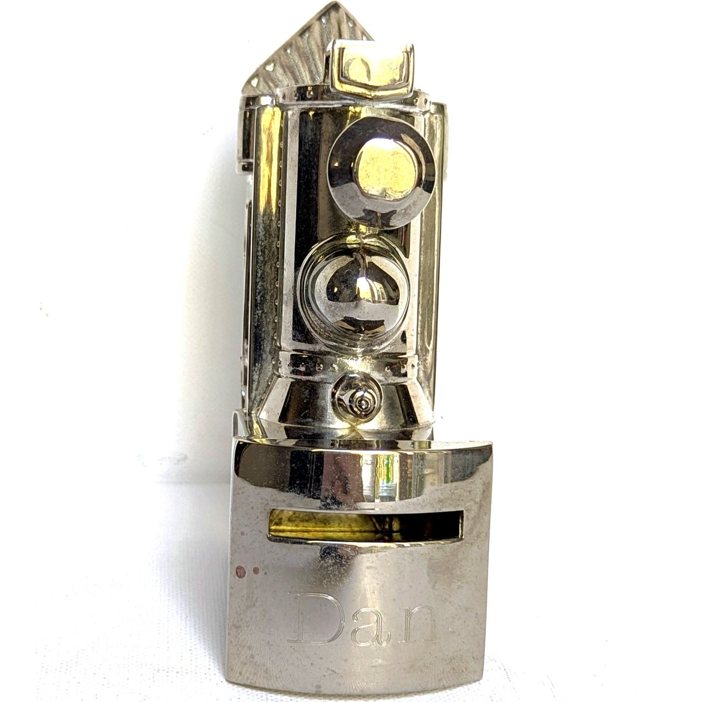 Vintage 1990s Silverplate Metal Train Coin Piggy Bank Collectible Keepsake "Dan"
