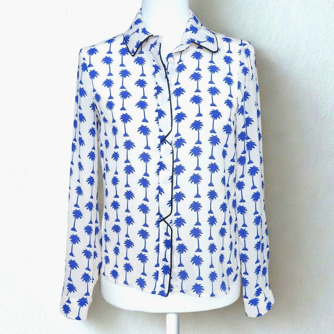 Topshop Women's Blue Palm Trees & Black Piping Button-Down Blouse Size US 4 | UK 8