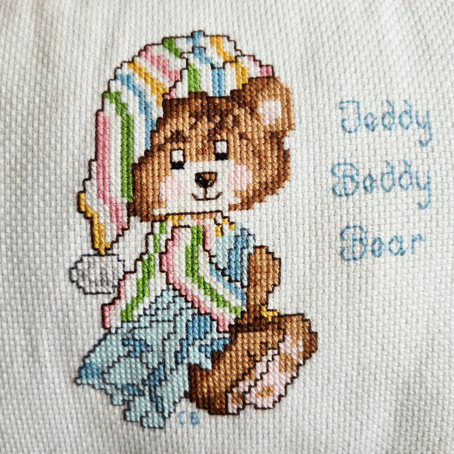 Vintage 80s Teddy Beddy Bear Cross Stitch Baby Pillow Blue Stripes Yellow Ribbon