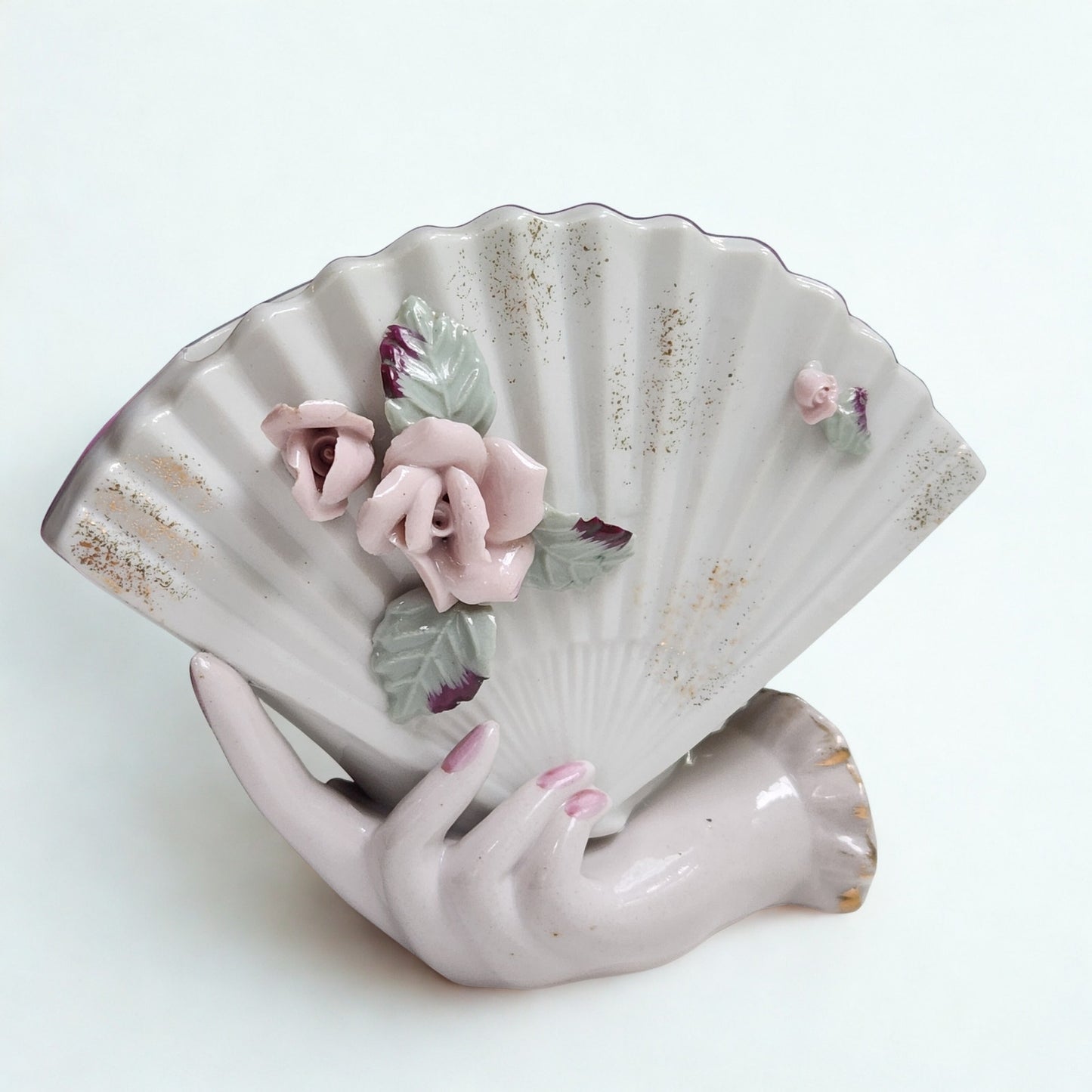 Lefton China Vintage 50s Ceramic Vase Planter Hand Holding Fan with Pink Roses | Home