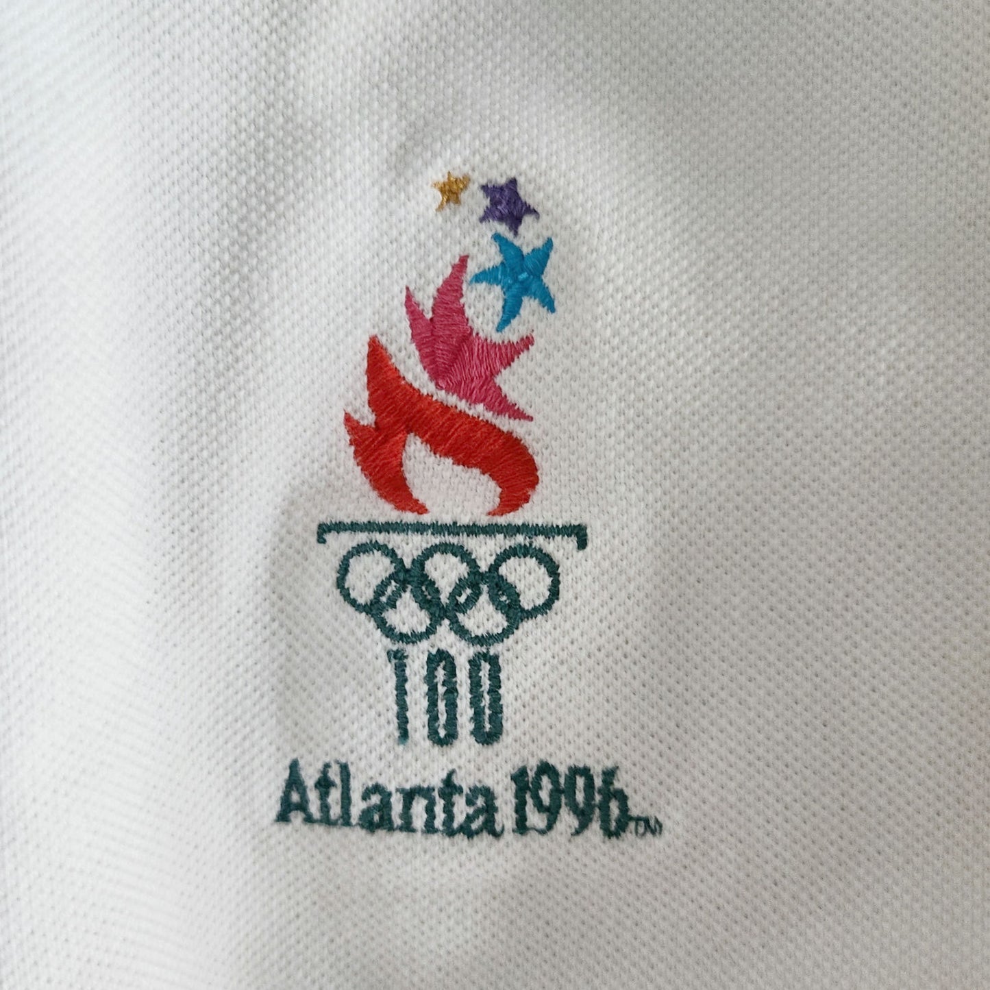 Vintage 1996 Atlanta Olympics White Teal Polo Shirt Size XL Hanes USA Official