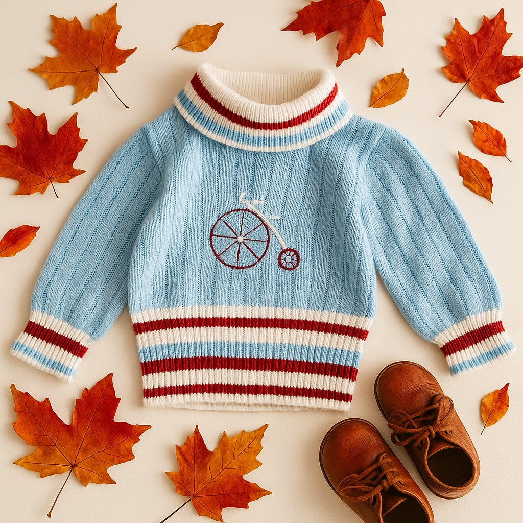 Vintage 1960s Doe Spun Toddler Turtleneck Sweater – Baby Blue with Penny Farthing Embroidery – Size 2T