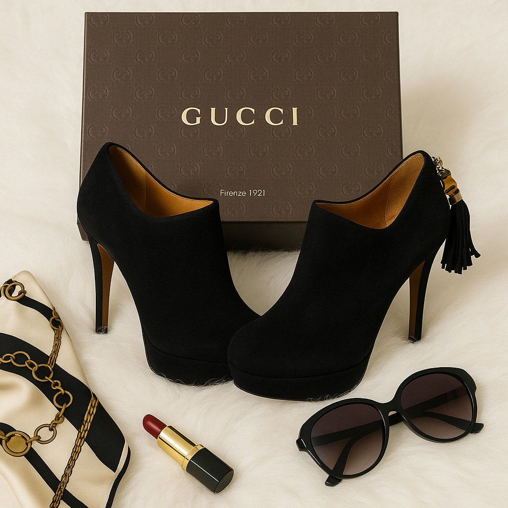 Gucci Betty High Heel Platform Bootie Size 36.5 | 6.5 Black Suede Bamboo Tassel