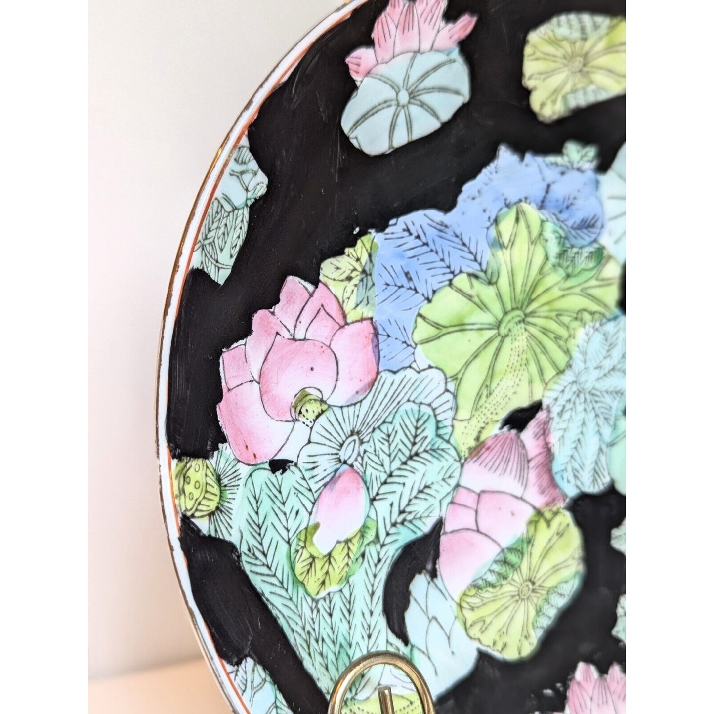 Vintage Chinese Porcelain Hand Painted Chinoiserie Plate Water Lilies on Black