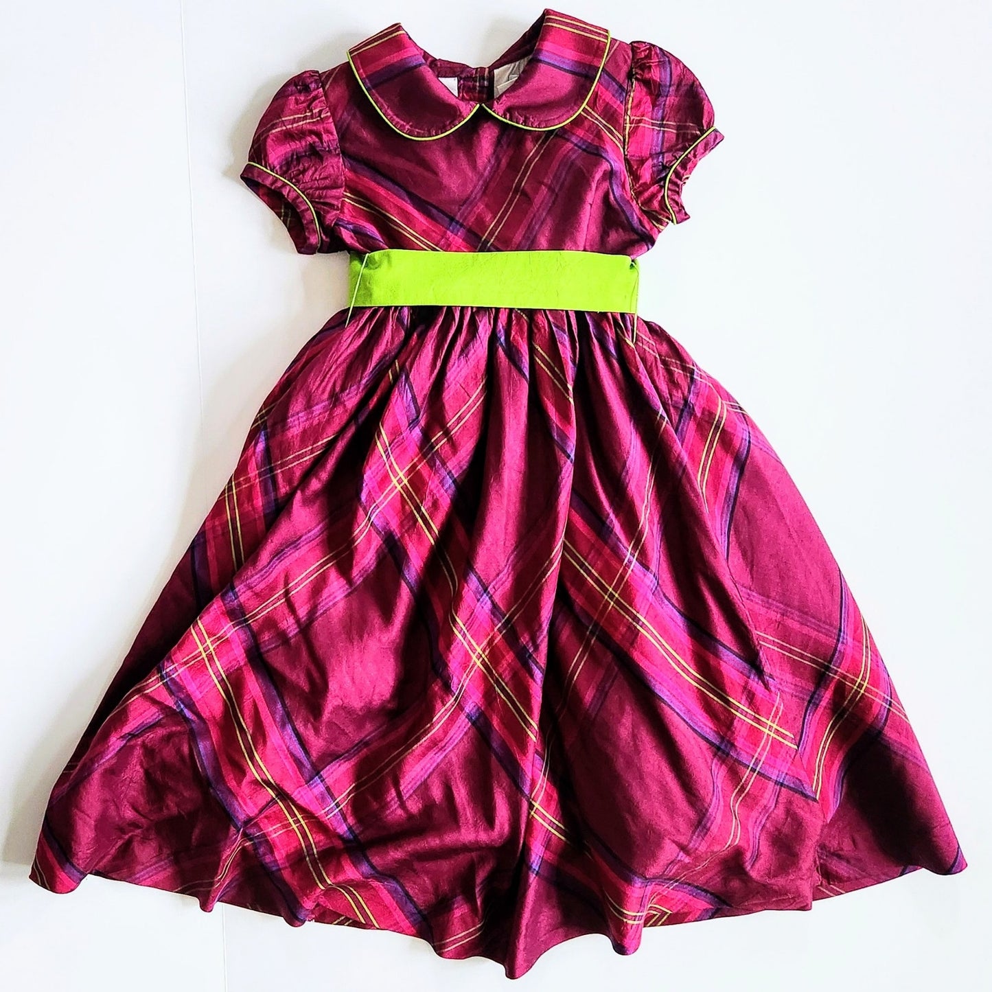 Lilly Pulitzer Vintage 1990s Girls 100% Silk Taffeta Purple & Green Plaid Dress Size 5