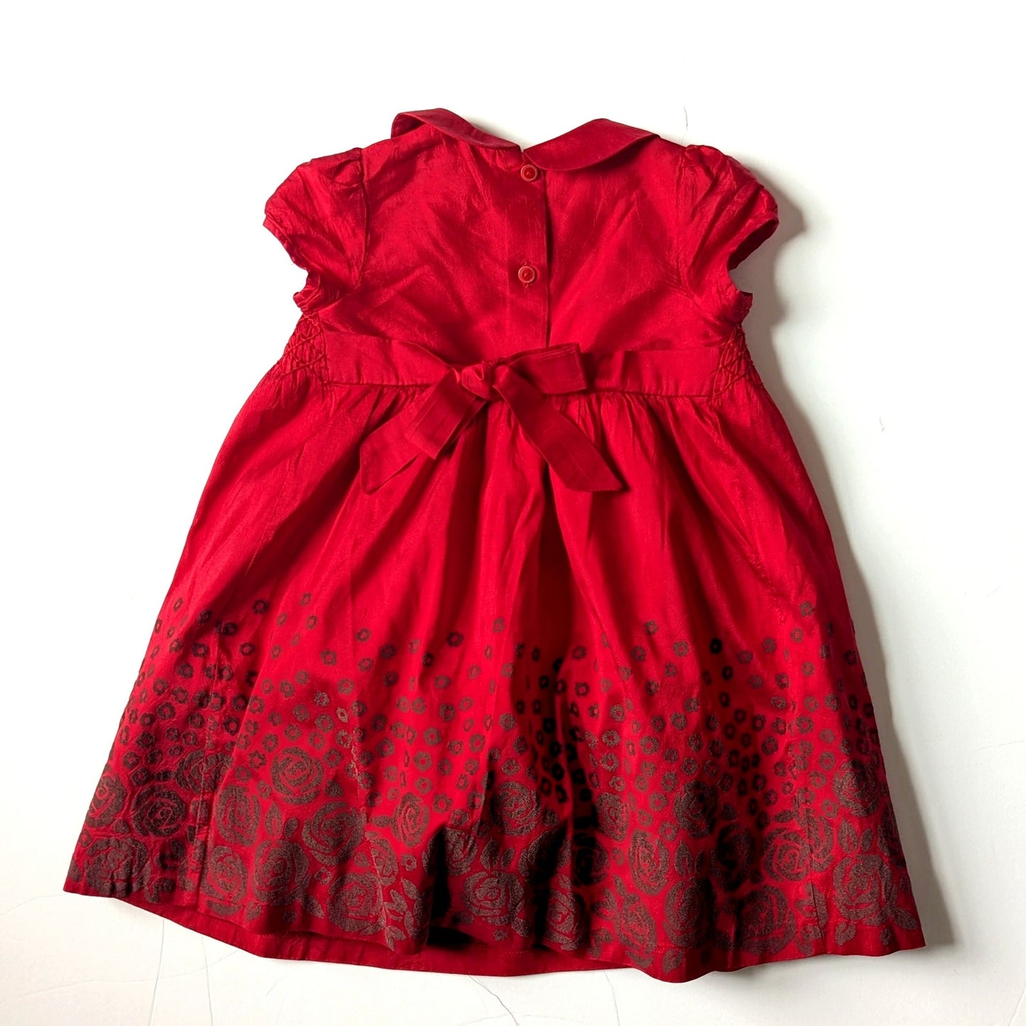 Janie and Jack Baby Girls Red Silk Flocked Smocked Formal Dress Sz 12-18 mos