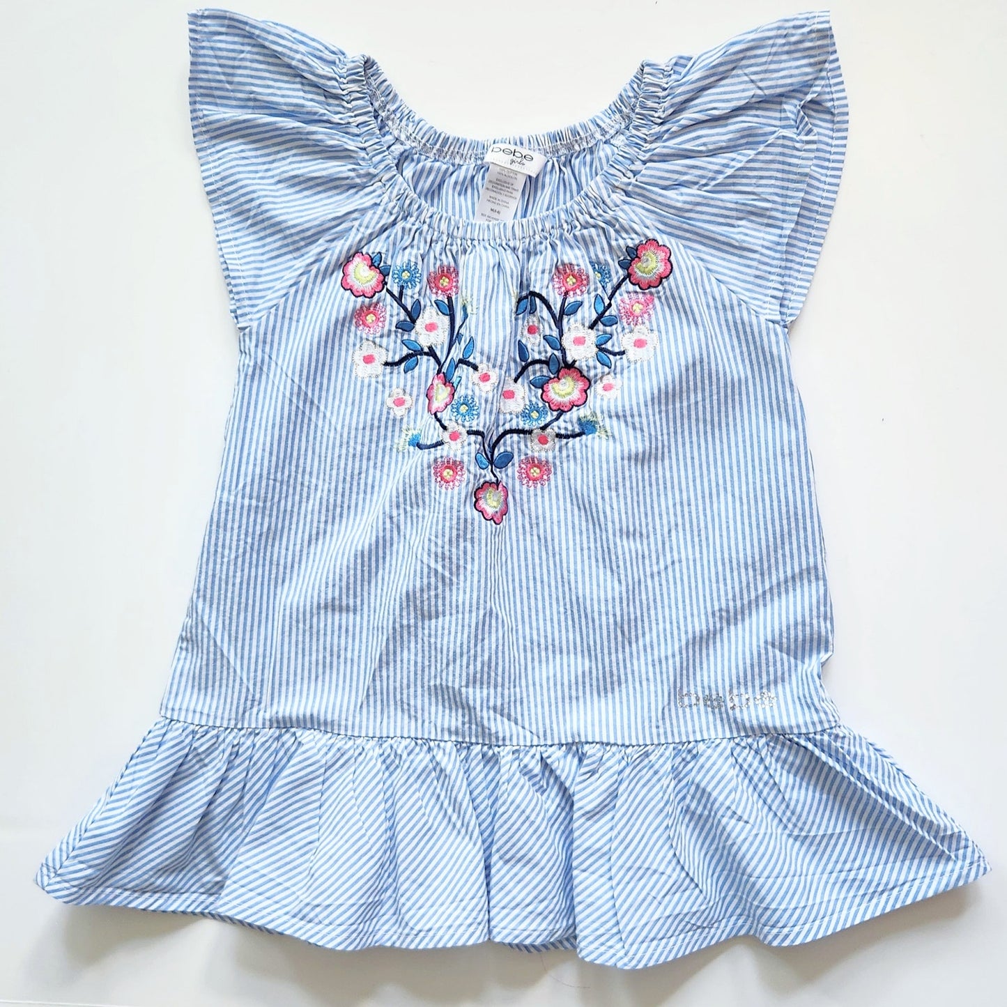 Bebe Girls Blue & White Striped Floral Embroidery Flutter Sleeve Dress Size 5-6