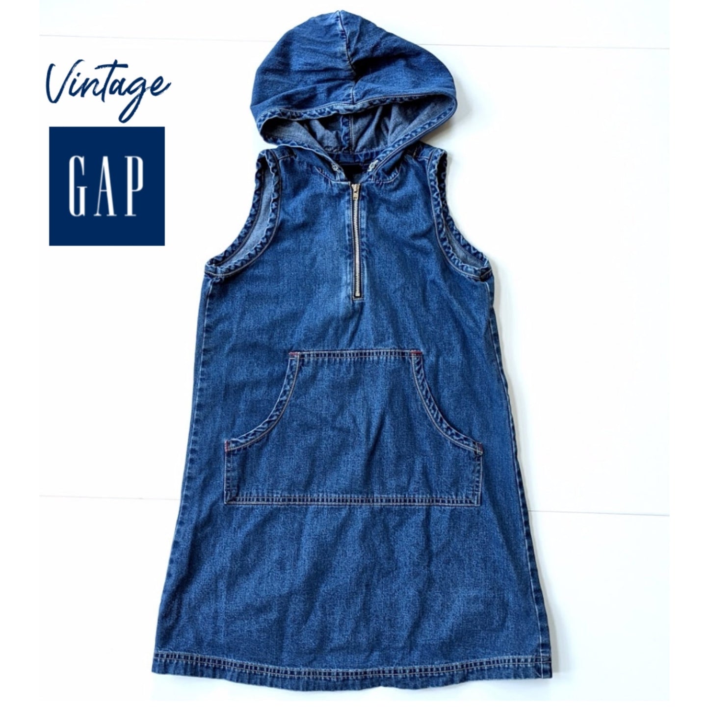 GAP Vintage 90s Girls Denim Dark Blue Wash Zip Hoodie Jumper Dress Sz L / 10-12