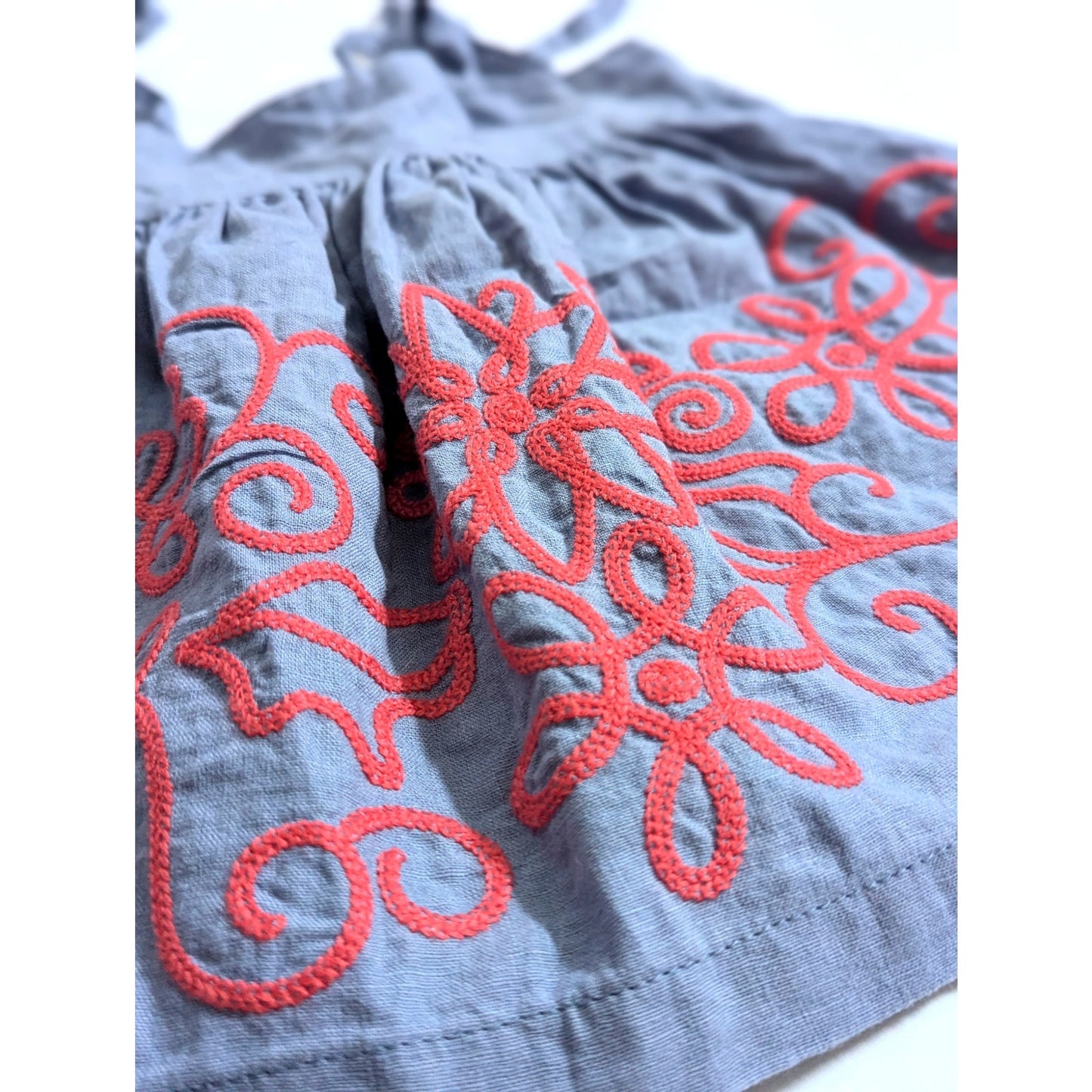 Tea Collection Linen Blend Blue Chambray Red Embroidered Dress Size 3-6 months