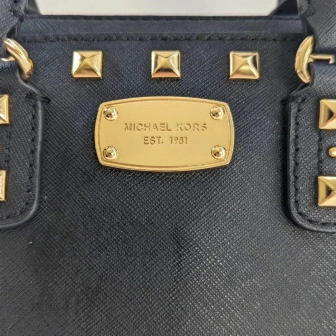 MICHAEL Michael Kors Women's Black Saffiano Leather Small Studded Sandrine Satchel