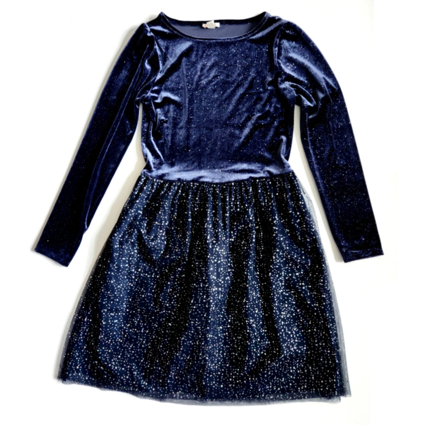 J.Crew Crewcuts Girls' Tulle Long Sleeved Sparkle Velvet Dress Navy Blue Sz XL