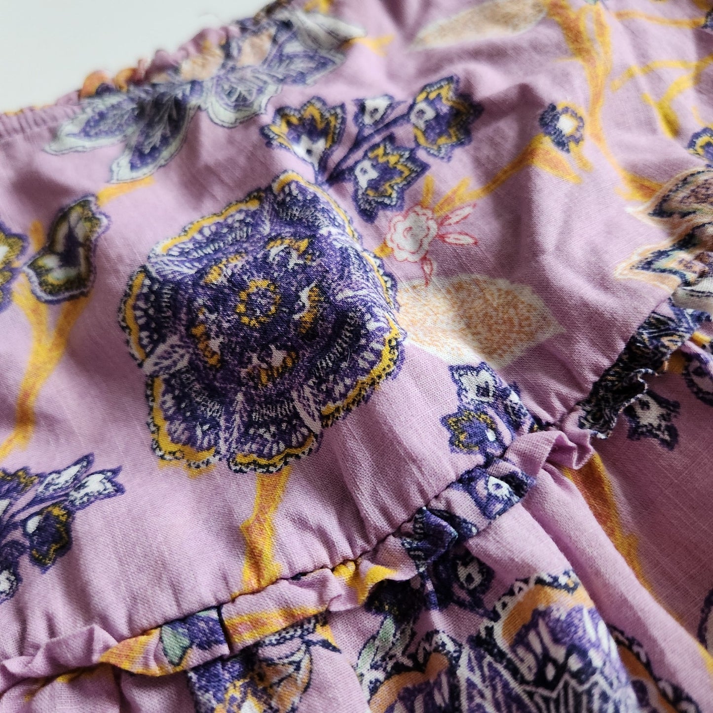 Anthropologie Bohemian Purple Floral Blouse Brass Buttons Flutter Sleeves Size M