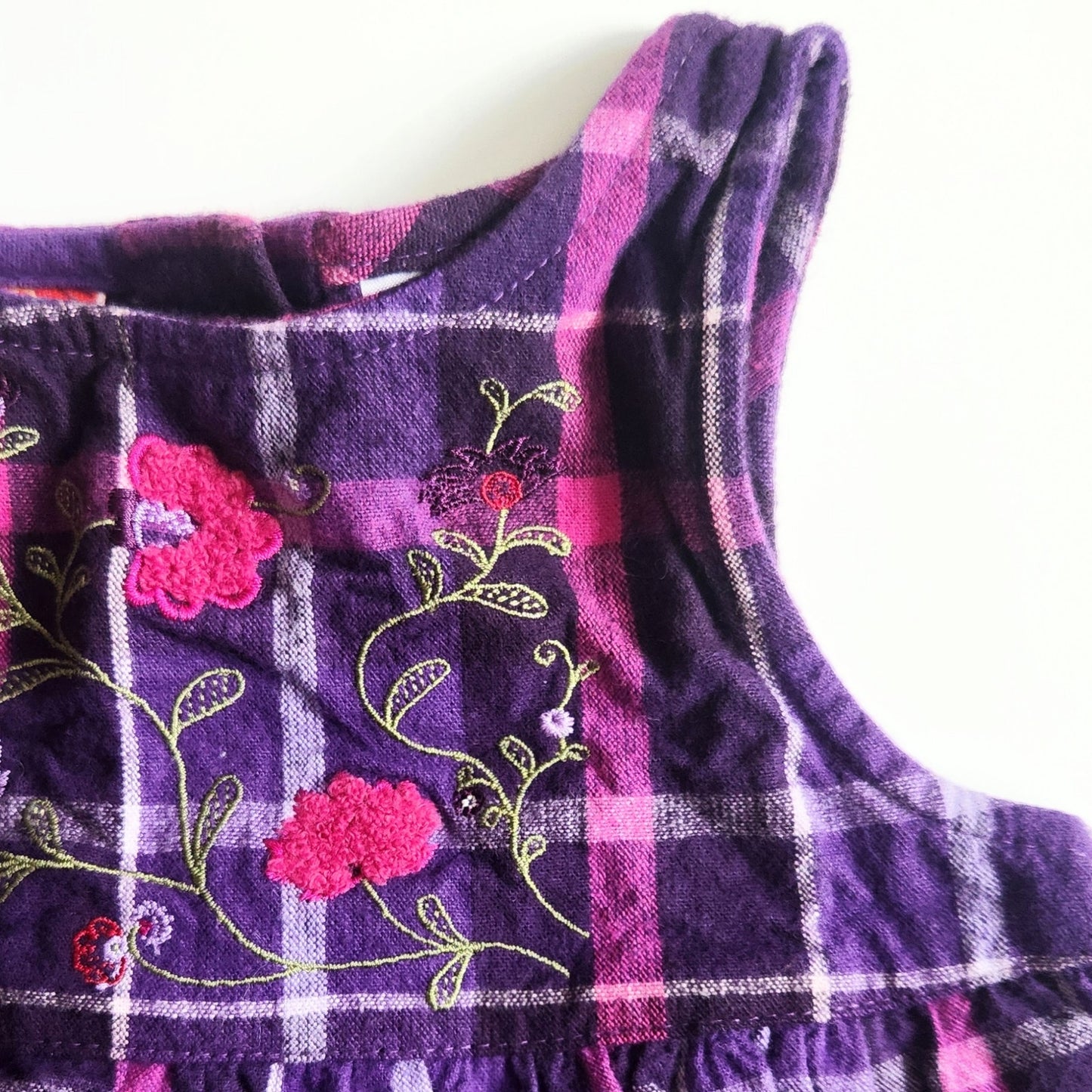 McKids Vintage 90s Baby Purple Plaid Floral Embroidered Jumper Dress Sz 18 mos