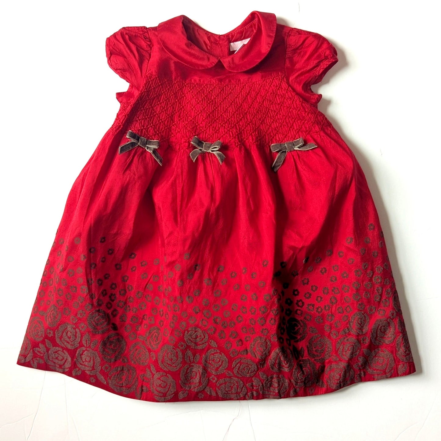 Janie and Jack Baby Girls Red Silk Flocked Smocked Formal Dress Sz 12-18 mos