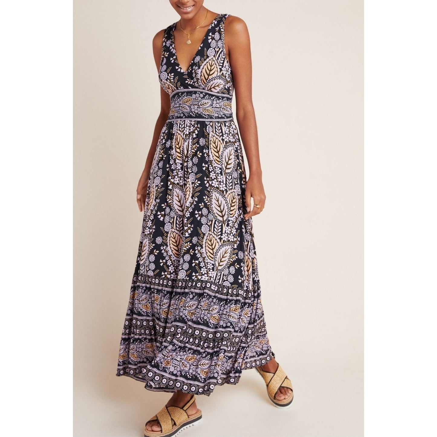 Anthropologie Maeve Women's Giulietta Boho Maxi Dress – Black Floral Size LP