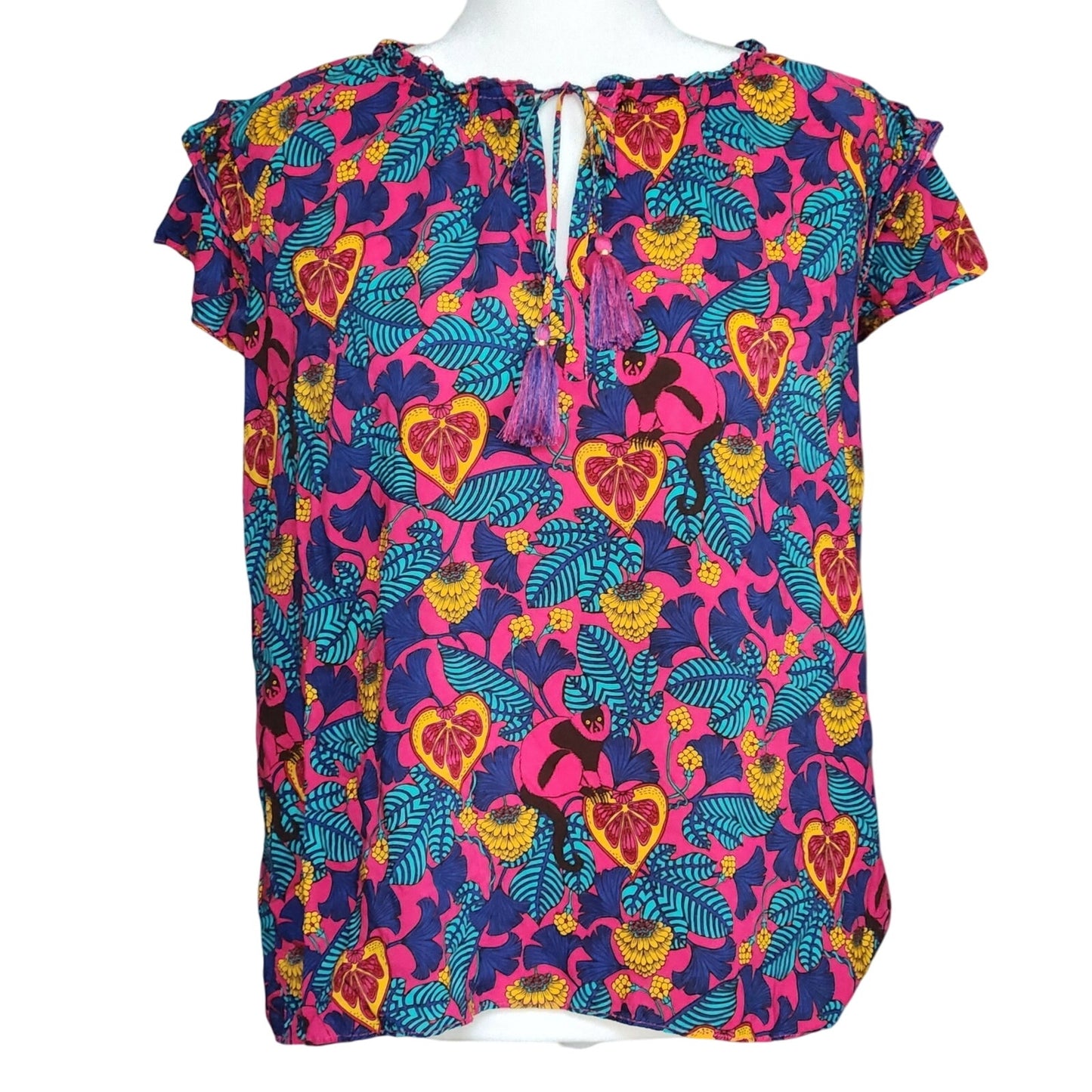 Rose + Olive Tropical Monkey Print Boho Tassel Flutter Sleeve Blouse Size L