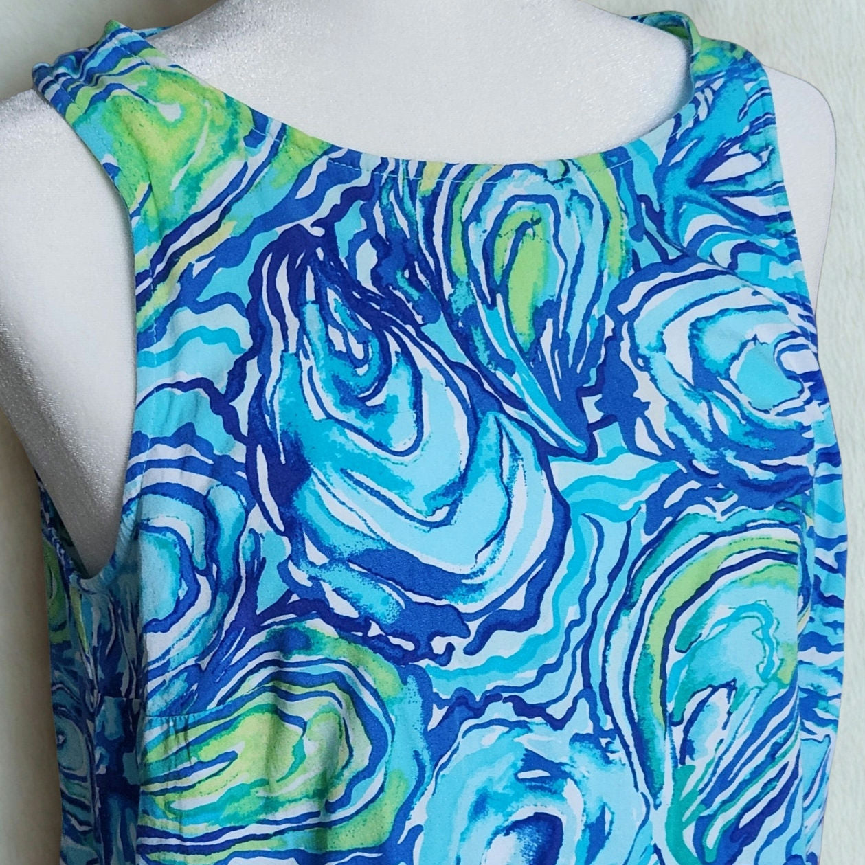 Lilly Pulitzer Women's Sonya Top β Sparkling Blue "Oh Shucks" Oyster Print Fringe Hem Size 8
