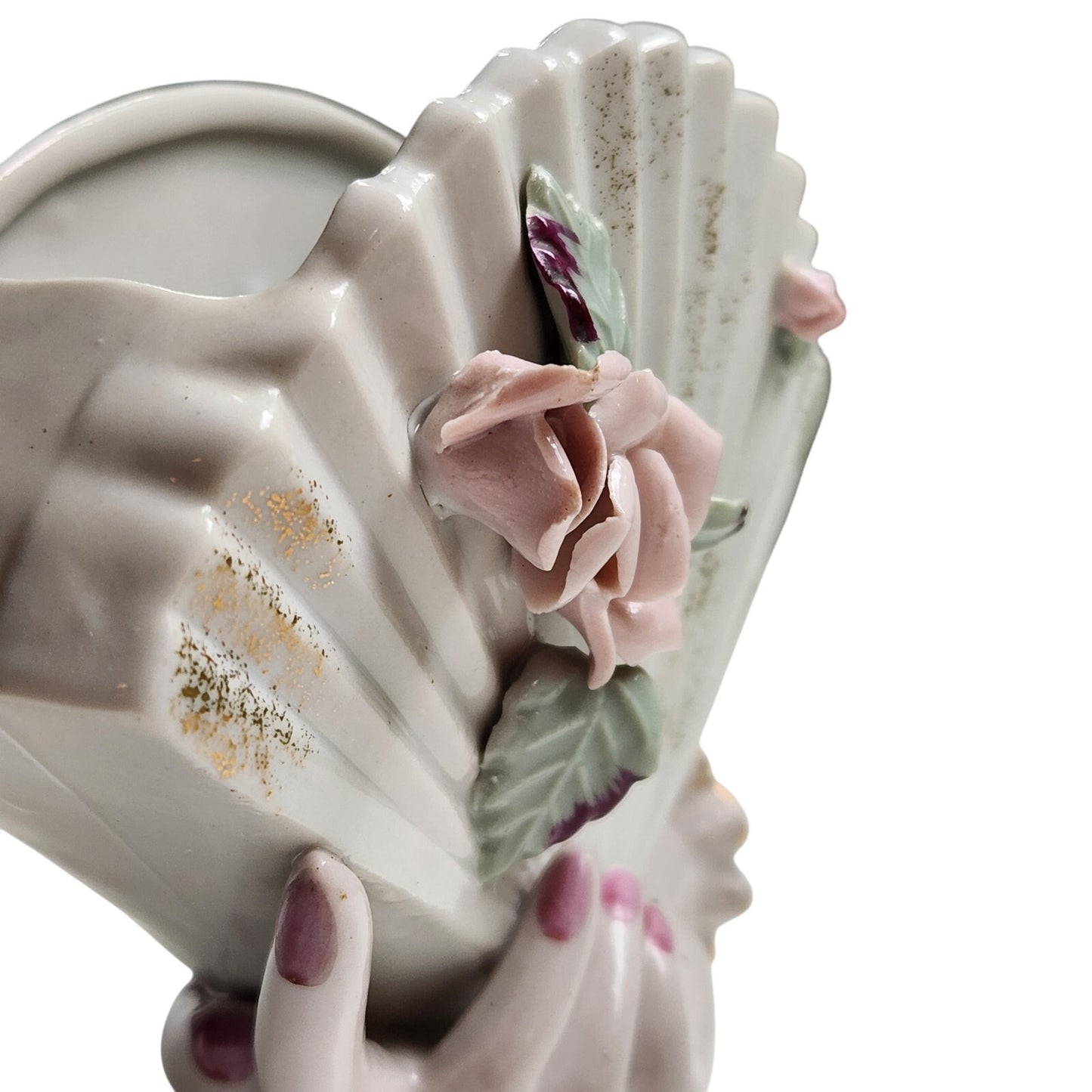 Lefton China Vintage 50s Ceramic Vase Planter Hand Holding Fan with Pink Roses | Home
