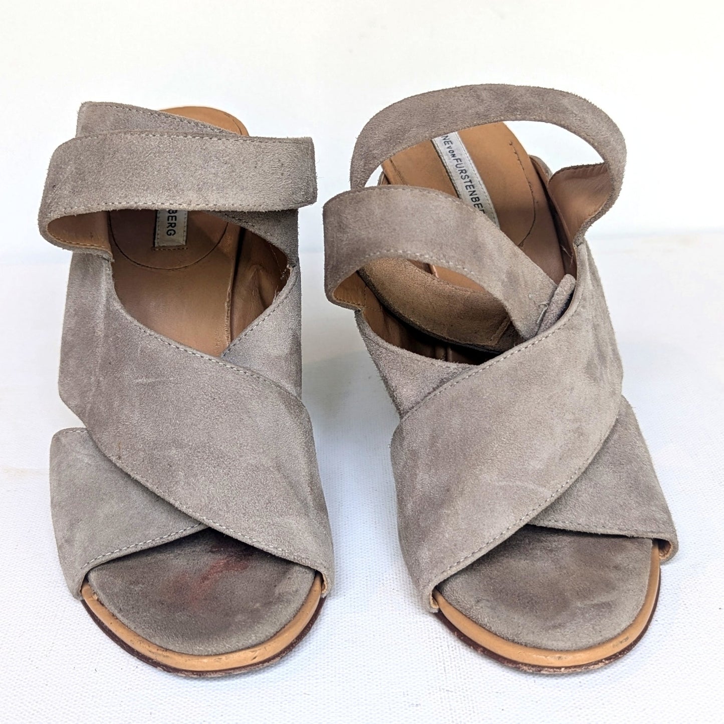 Diane von Furstenberg Women's Taupe Suede Wedge Strappy Sandals with Buckle Size 6.5
