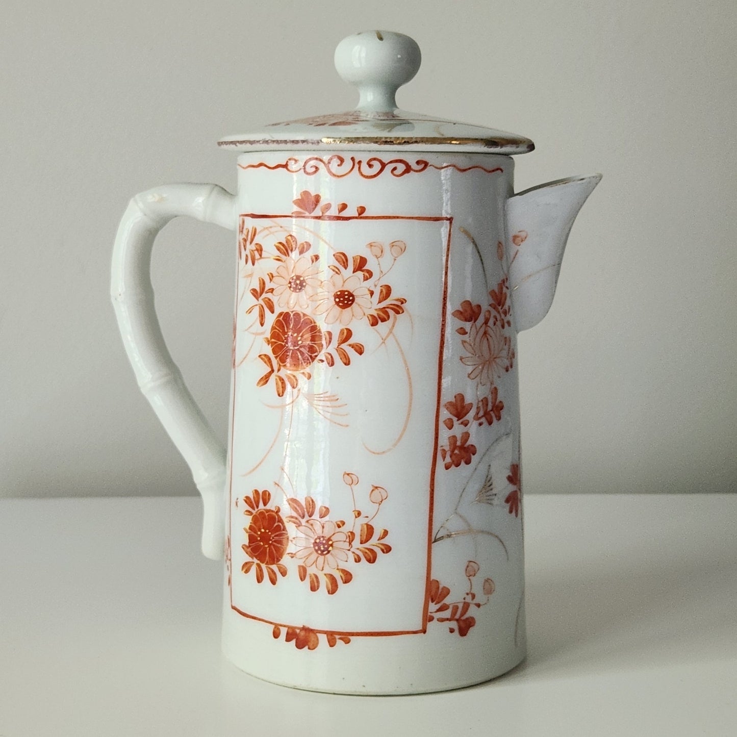 Antique Japanese Chocolate Pot | Early 20th Century Porcelain | Red Orange Floral Design with Gold Gilding | Bamboo Handle | Asian Decorative Teapot 7.5"
